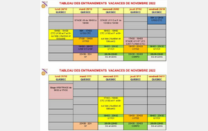 Le tableau des entrainements pendant les vacances de la Toussaint